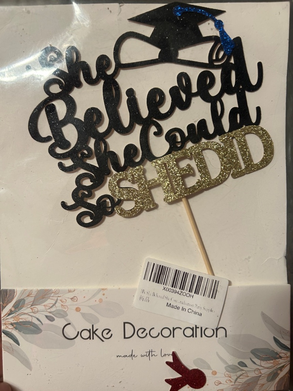 Graduation Cake Topper - Black and Gold 'She Believed She Could So She Did'